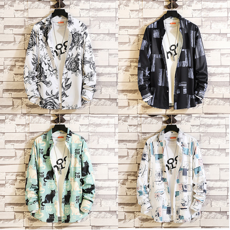 Herren nan langärmliges Hemd mit offenem Reverskragen, kontrastivem Blumenprint und lässiger Regular-Fit Silhouette Drune