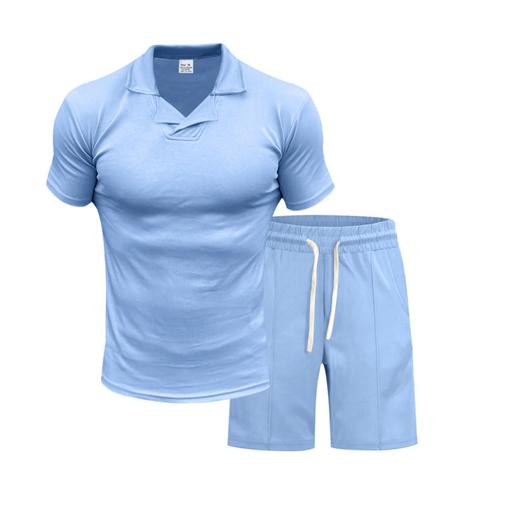Herren nan kurzärmeliges Polo-Lounge-Set mit V-Einsatz am Kragen und Kordelzug-Bermuda Drune