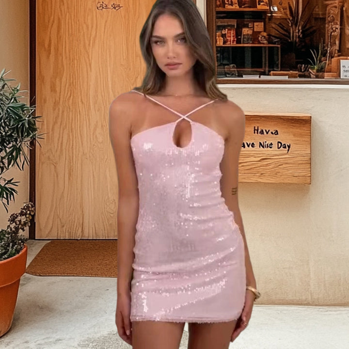 Damen Glitzerndes Minikleid mit eleganter Trägergestaltung und tiefem Ausschnitt Drune