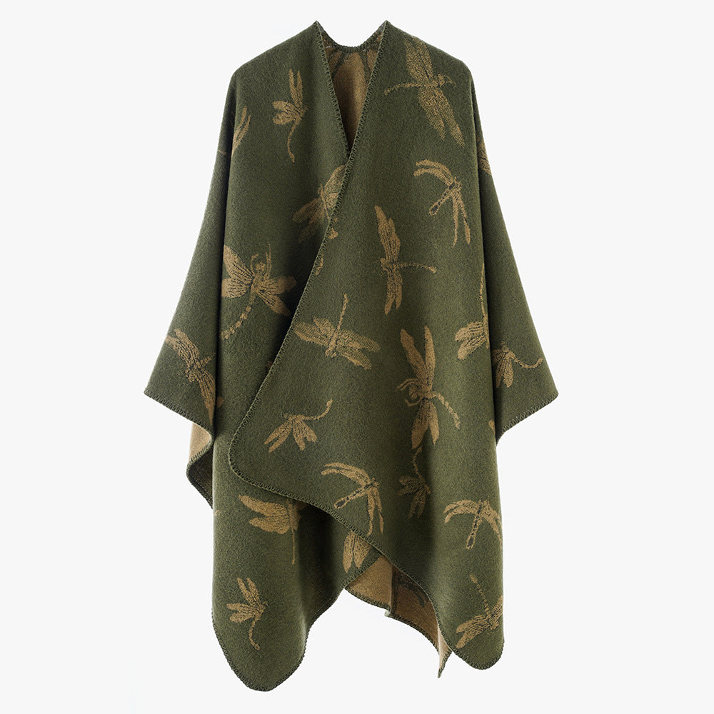 Damen Reversibler Cape-Poncho mit Libellen-Jacquard und feinem Saum Drune