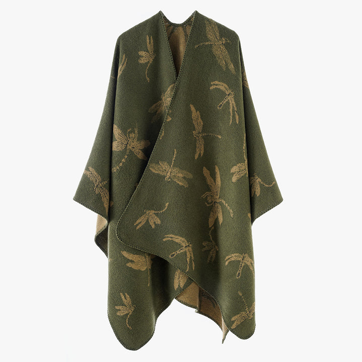 Damen Reversibler Cape-Poncho mit Libellen-Jacquard und feinem Saum Drune