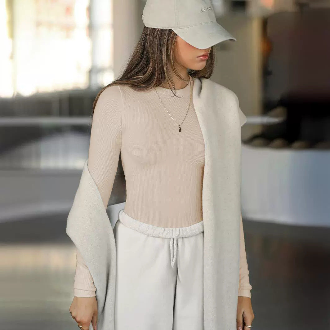 Damen Langärmliges Ripp-Top mit elegantem Rundhals und figurbetontem Schnitt Drune