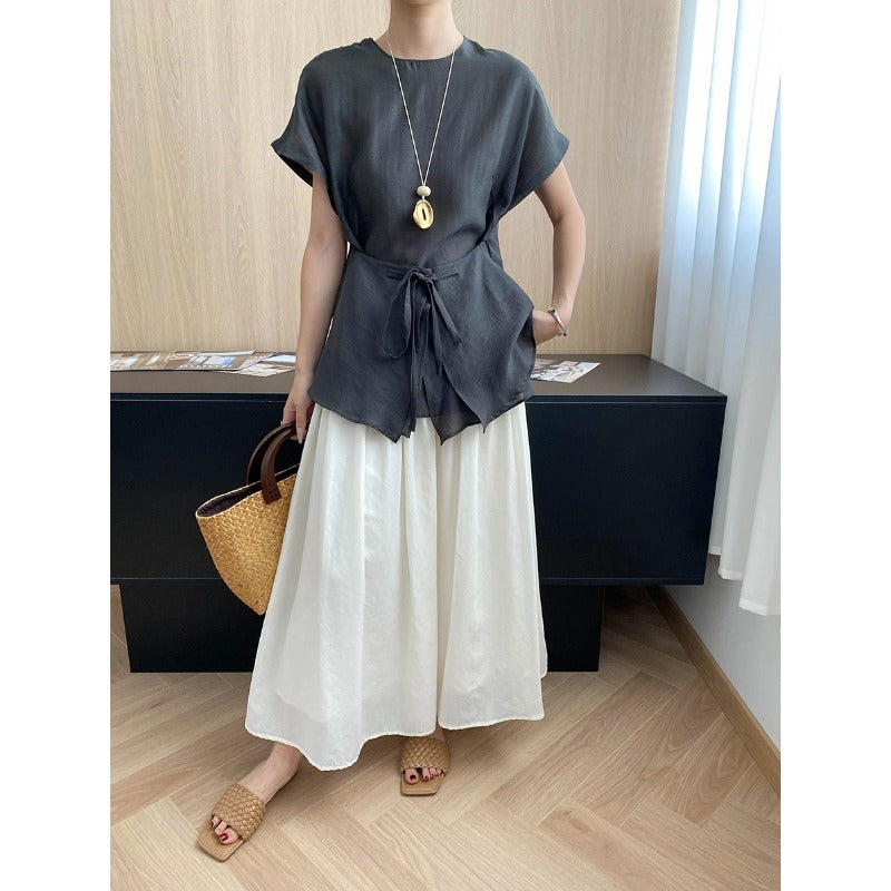 Damen elegantes Oberteil mit seitlichem Bindegürtel und voluminösen Ärmeln Drune