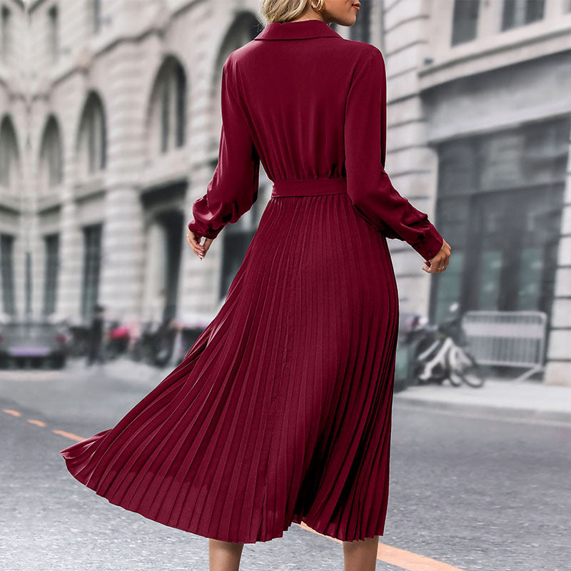 Damen Plissiertes Wickel-Midikleid mit Hemdkragen, Taillengürtel und langen Manschettenärmeln Drune