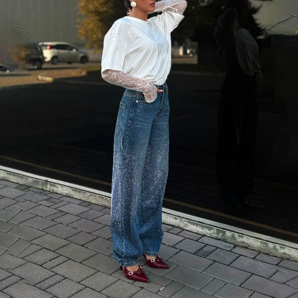 Damen Modisches Oversized T-Shirt mit Spitzenärmeln Drune