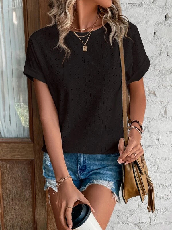 Damen modisches T-Shirt mit luftiger Lochstickerei Drune