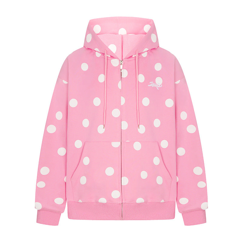 Damen Kapuzen-Sweatjacke mit durchgehendem Reißverschluss, Oversize-Schnitt und Polka-Dot-Print Drune