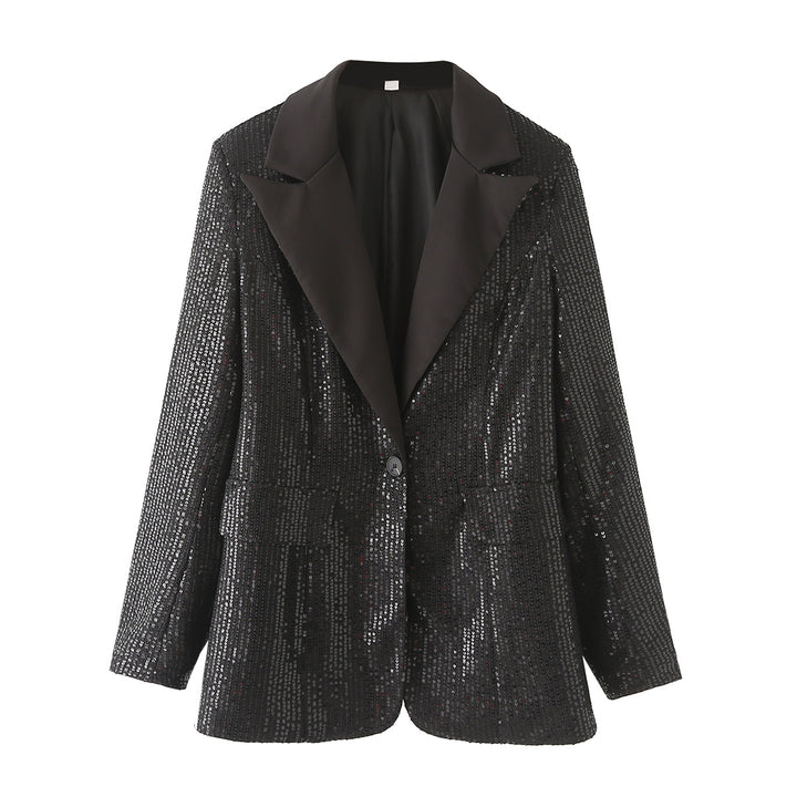 Damen nan taillierter Pailletten-Blazer mit Satin-Schalkragen und Pattentaschen Drune