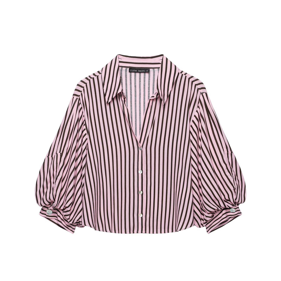 Damen Gestreifte Oversize-Bluse mit Ballonärmeln und durchgehender Knopfleiste Drune