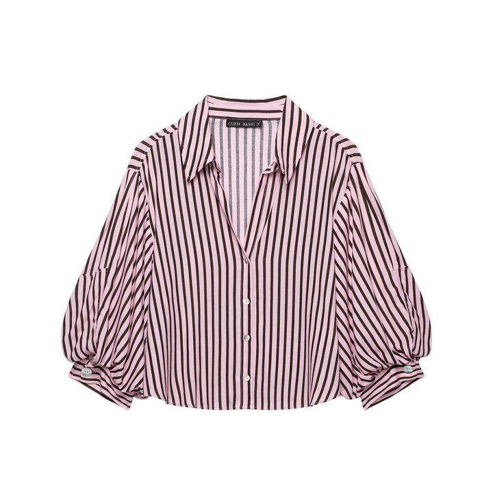 Damen Gestreifte Oversize-Bluse mit Ballonärmeln und durchgehender Knopfleiste Drune