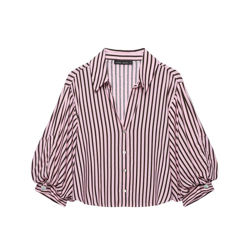 Damen Gestreifte Oversize-Bluse mit Ballonärmeln und durchgehender Knopfleiste Drune