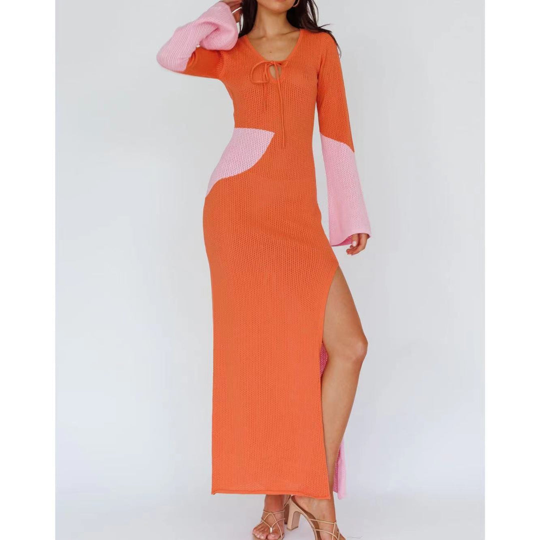 Damen elegantes Strick-Maxikleid mit innovativem Cut-Out-Design und weitem Schlitz Drune