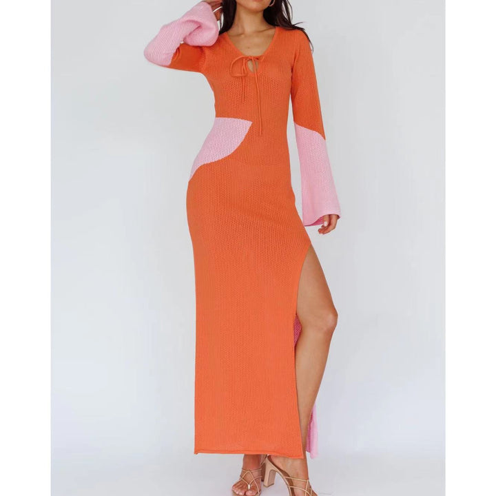 Damen elegantes Strick-Maxikleid mit innovativem Cut-Out-Design und weitem Schlitz Drune