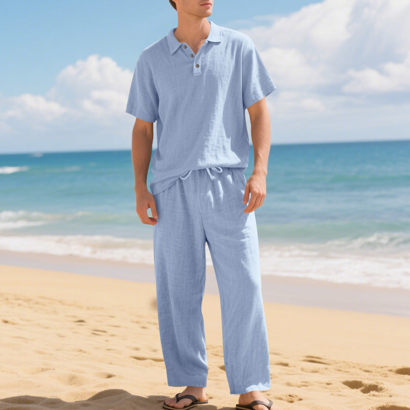 Herren nan luftiges Leinen-Ensemble mit Polokragen und regulierbarer Bundhose Drune