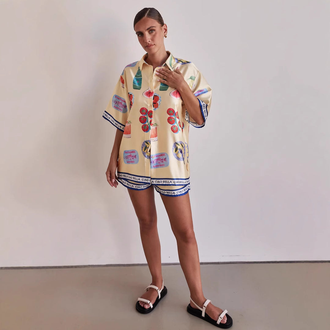 Damen Set bestehend aus stilvollem Kurzarm-Hemd und Shorts im sommerlichen Design Drune