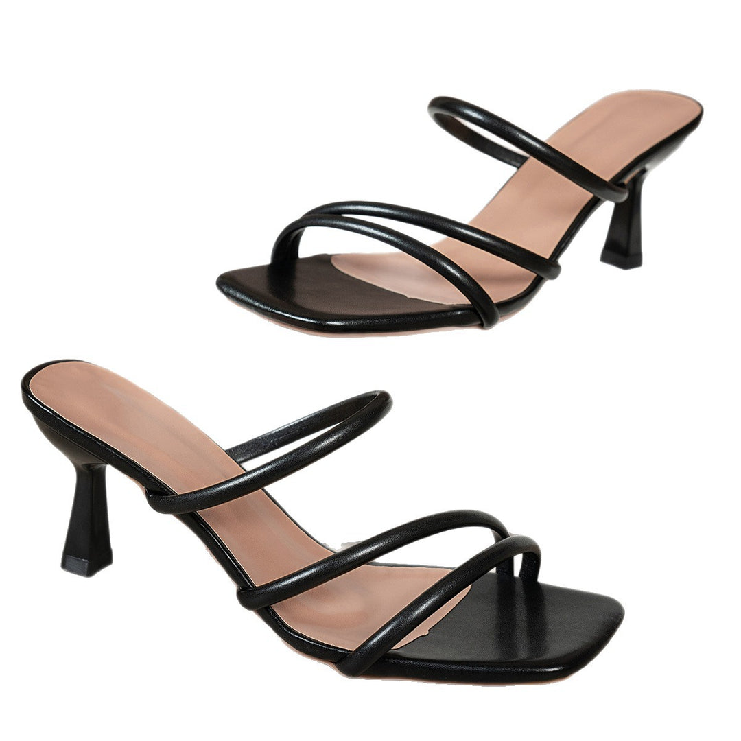 Damen nan minimalistische Sandalette mit drei schmalen Riemen, quadratischer Zehenform und femininem Trichterabsatz Drune