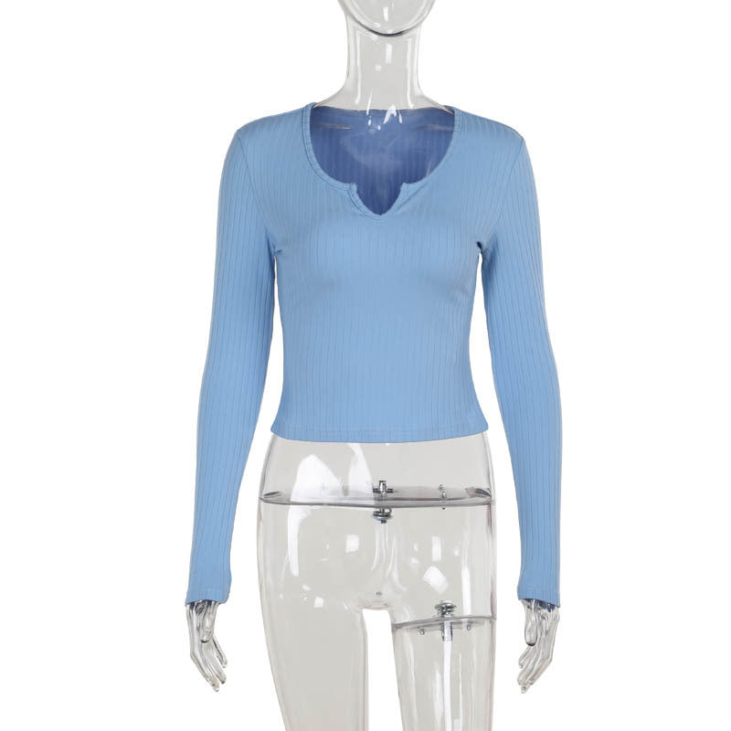 Damen figurbetontes Langarmshirt mit V-Ausschnitt und Rippstruktur Drune