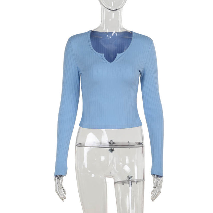 Damen figurbetontes Langarmshirt mit V-Ausschnitt und Rippstruktur Drune