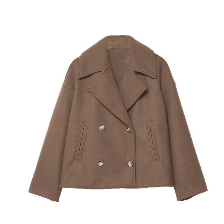 Damen nan kurzes doppeltreihiges Wollmix-Manteljacke im Boxy-Cut mit weitem Reverskragen Drune