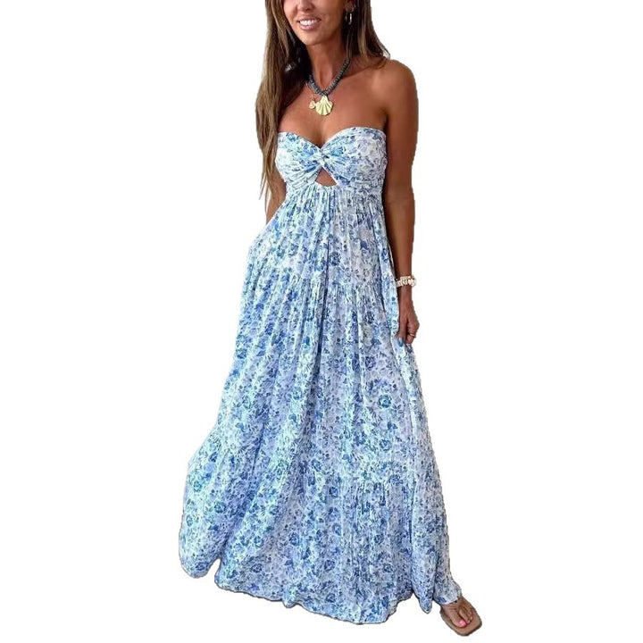 Damen nan trägerloses gedrehtes Bustier-Maxikleid mit Cut-out und mehrlagigem Stufenrock in leichter Crinkle-Qualität Drune