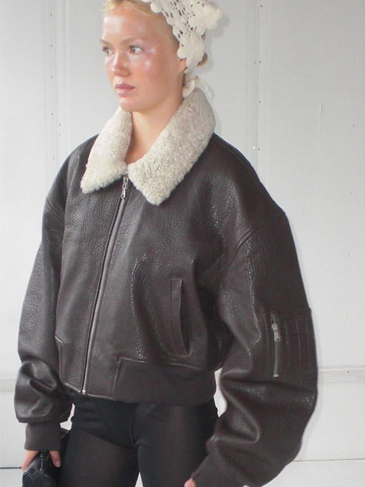 Damen Oversized Fliegerjacke im Biker-Bomber-Stil mit Teddykragen Drune