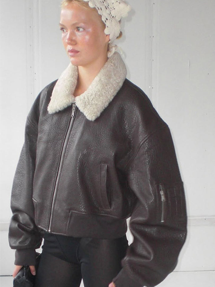 Damen Oversized Fliegerjacke im Biker-Bomber-Stil mit Teddykragen Drune