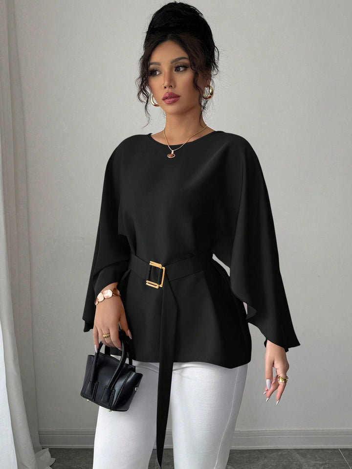 Damen Elegante Chiffon-Tunika mit Cape-Ärmeln und Taillengürtel Drune