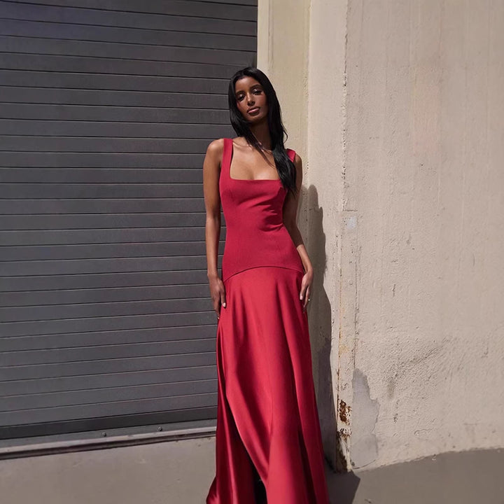 Damen Elegantes Maxikleid mit A-Linien-Silhouette und schmalen Trägern Drune