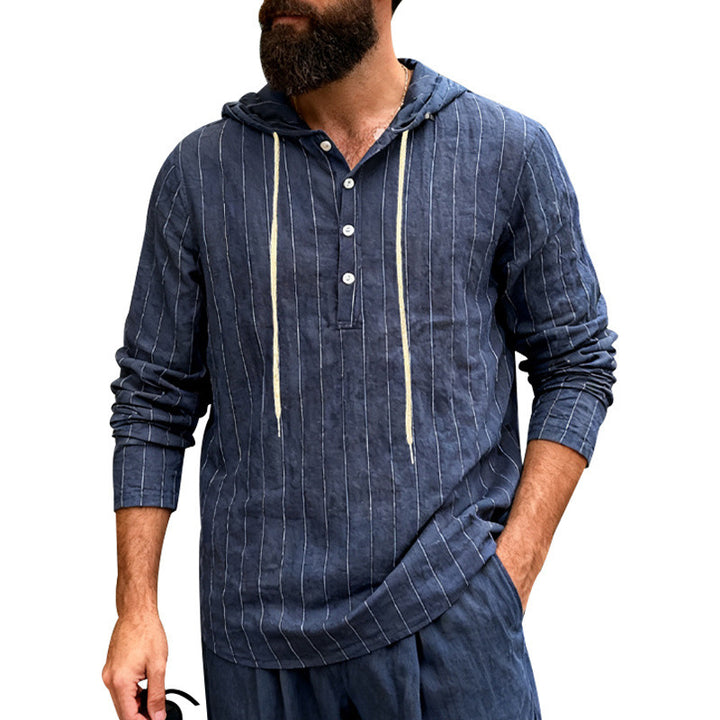 Herren nan Kapuzenshirt aus Leinenmix mit halber Knopfleiste und Nadelstreifen Drune
