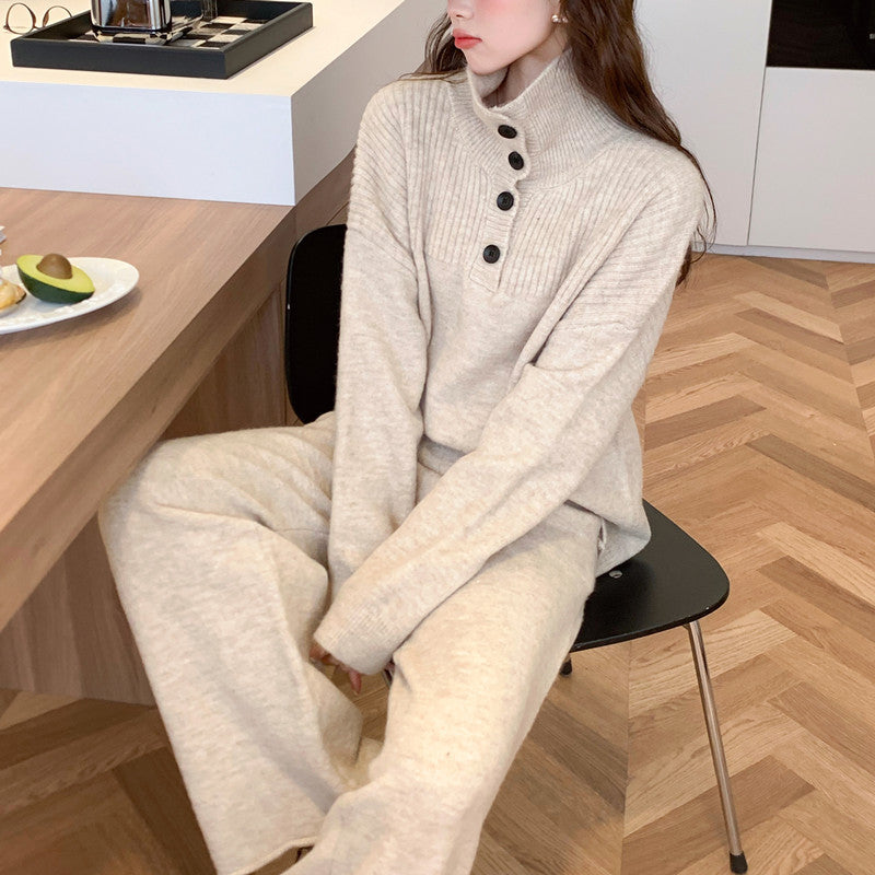 Damen gemütlicher Strickpullover mit hohem Kragen und Knopfdetails Drune