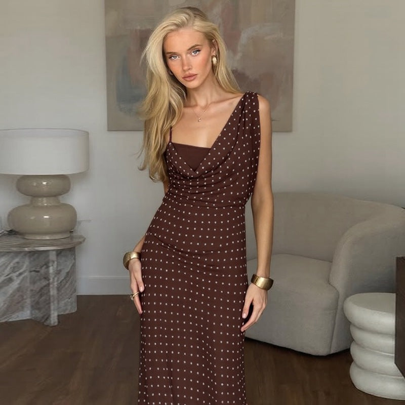 Damen Maxikleid mit asymmetrischem Ausschnitt und eingewebtem Punktedesign Drune
