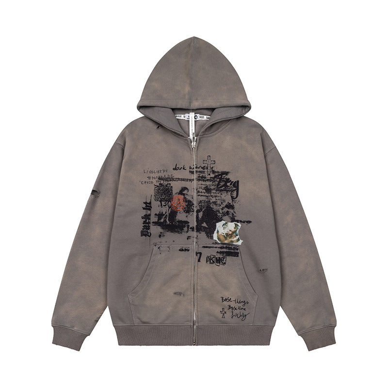 Unisex Oversize Kapuzenjacke mit Reißverschluss, Used‑Effekt, Vintage‑Print und Kängurutaschen Drune
