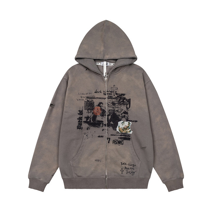 Unisex Oversize Kapuzenjacke mit Reißverschluss, Used‑Effekt, Vintage‑Print und Kängurutaschen Drune