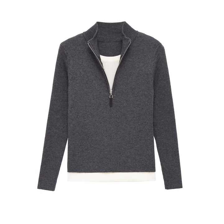 Damen Feinstrickpullover mit halbem Reißverschluss, Stehkragen und Lagenlook-Saum Drune