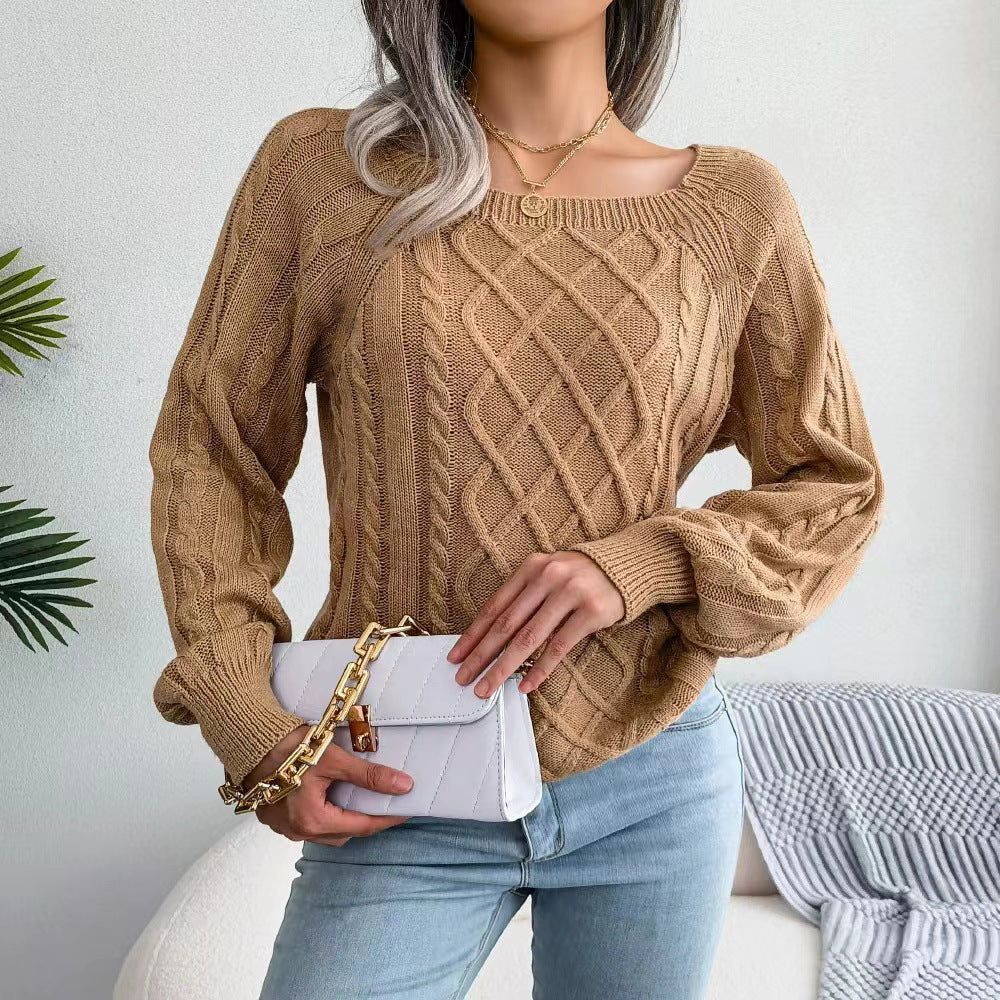 Damen Strickpullover mit tiefem Rundhalsausschnitt und strukturiertem Zopfmuster Drune