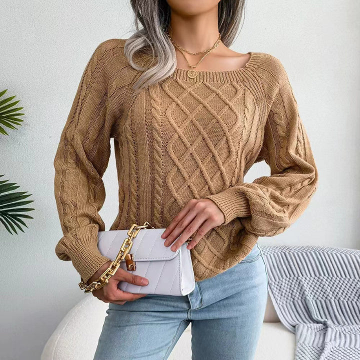 Damen Strickpullover mit tiefem Rundhalsausschnitt und strukturiertem Zopfmuster Drune