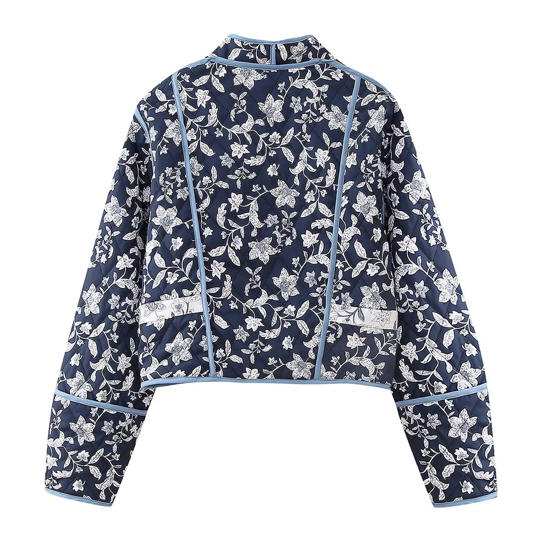 Damen nan gesteppte kurze Wende-Kimonojacke mit floraler Allover‑Steppung, offenem V‑Ausschnitt und kontrastierender Paspel Drune