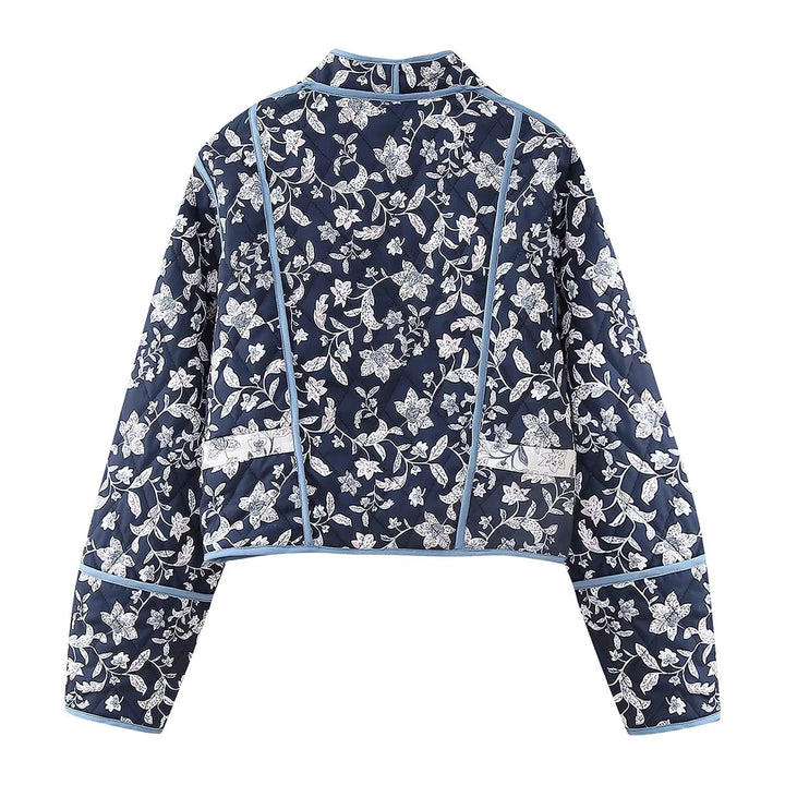Damen nan gesteppte kurze Wende-Kimonojacke mit floraler Allover‑Steppung, offenem V‑Ausschnitt und kontrastierender Paspel Drune
