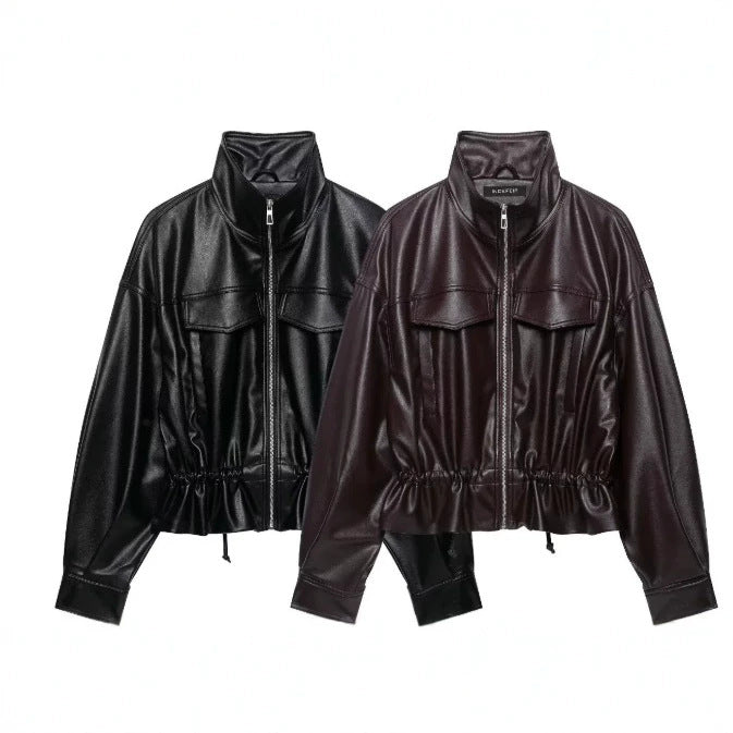 Damen Cropped Kunstleder‑Blouson mit Stehkragen, Pattentaschen und Tunnelzugtaillierung Drune