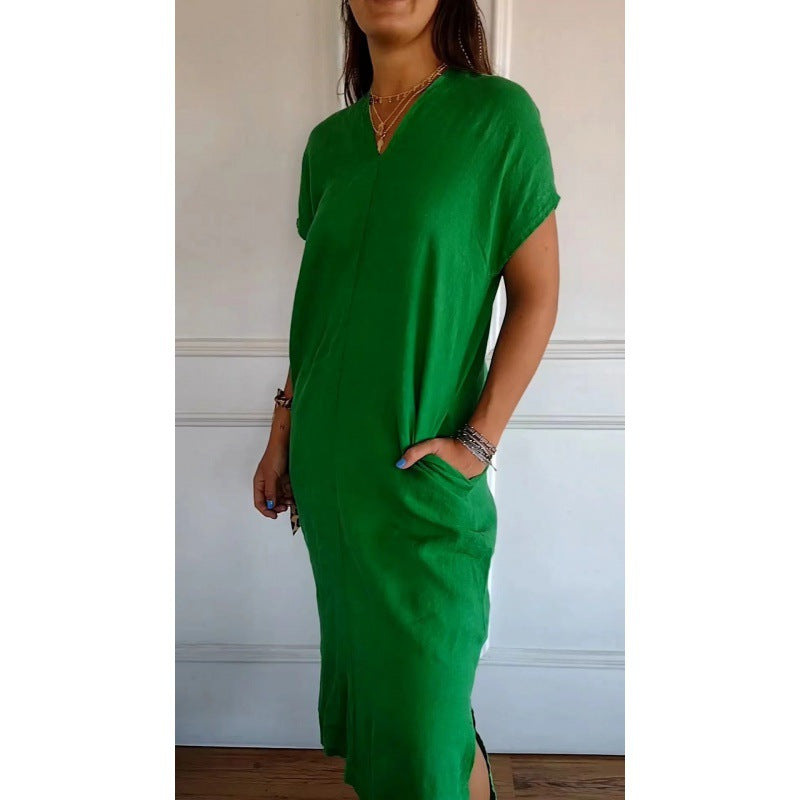 Damen Lässiges V-Ausschnitt Kleid mit praktischen Taschen und oversize Schnitt Drune
