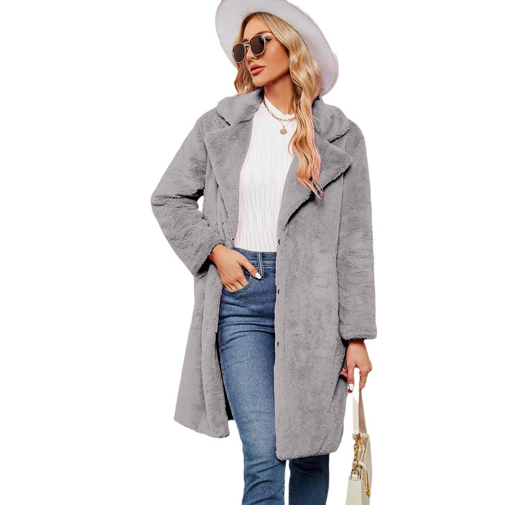 Damen Eleganter Kunstpelzmantel mit tiefem Kragen Drune