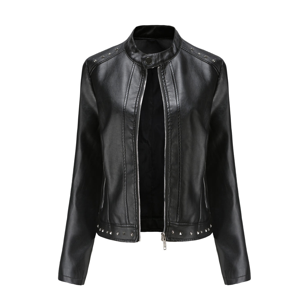 Damen nan kurze taillierte Kunstlederjacke mit Stehkragen Zwei-Wege-Reißverschluss und Ziernietensaum Drune