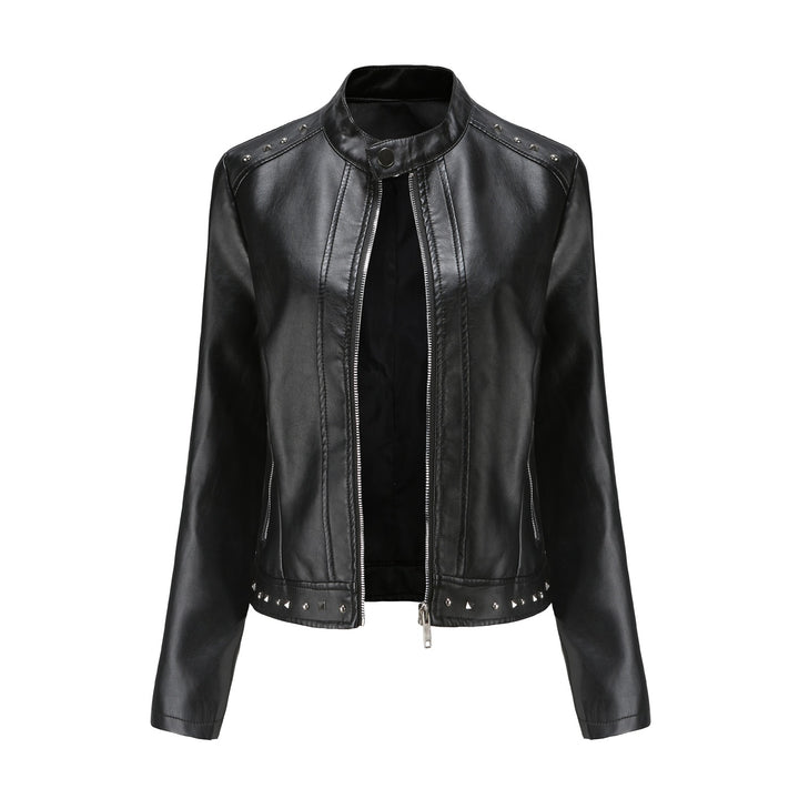 Damen nan kurze taillierte Kunstlederjacke mit Stehkragen Zwei-Wege-Reißverschluss und Ziernietensaum Drune