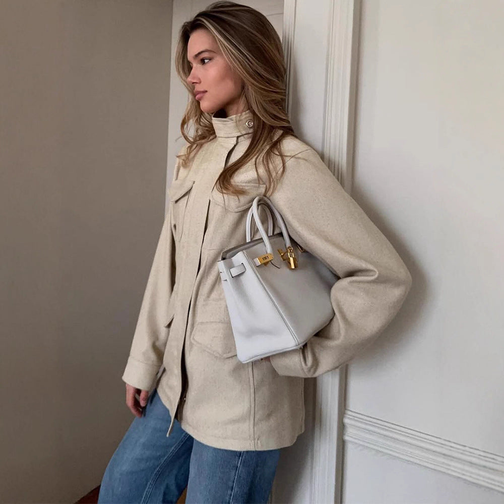 Damen lässige Utility-Jacke mit hohem Kragen und praktischen Taschen Drune