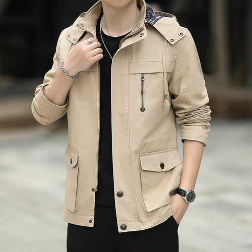 Herren Leichte Fieldjacke mit Kapuze, Multifunktionstaschen und verdecktem Reißverschluss Drune