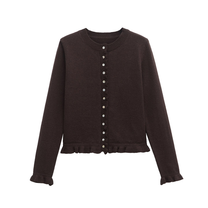 Damen Strickjacke mit Rüschendetails und dekorativen Knöpfen Drune