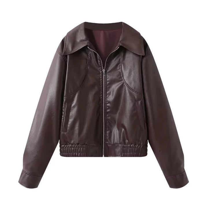 Damen nan Oversize Kunstlederjacke im Bomberstil mit Hemdkragen, kontrastierender Materialoptik und elastischem Saum Drune