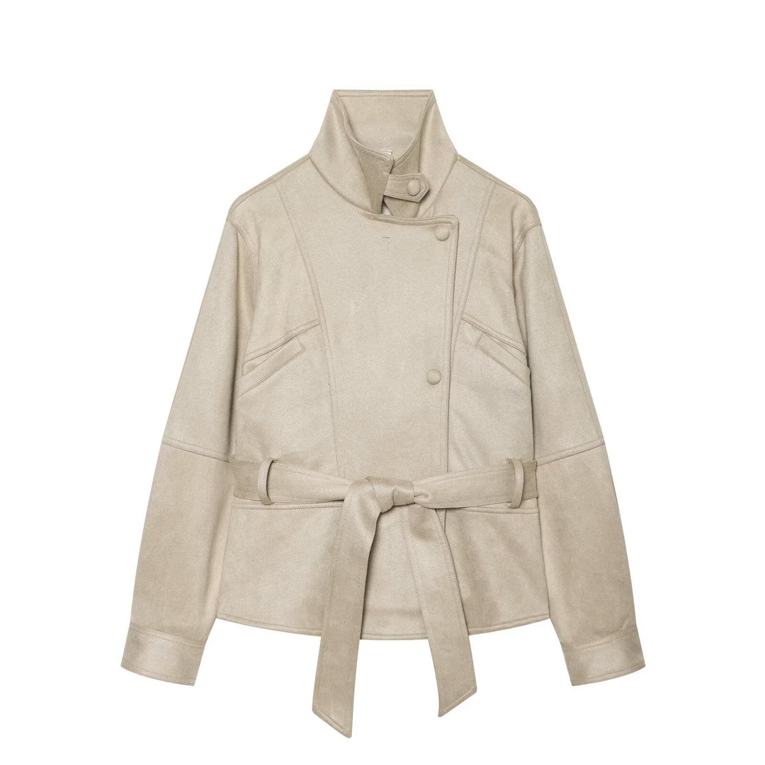 Damen Taillierte Kurzjacke aus weichem Veloursimitat mit asymmetrischer Knopfleiste und Bindegürtel Drune