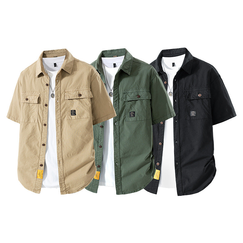 Herren Kurzarm-Fieldshirt im Overshirt-Look mit doppelten Brustklappen, verstärkten Nähten und gerundetem Saum Drune