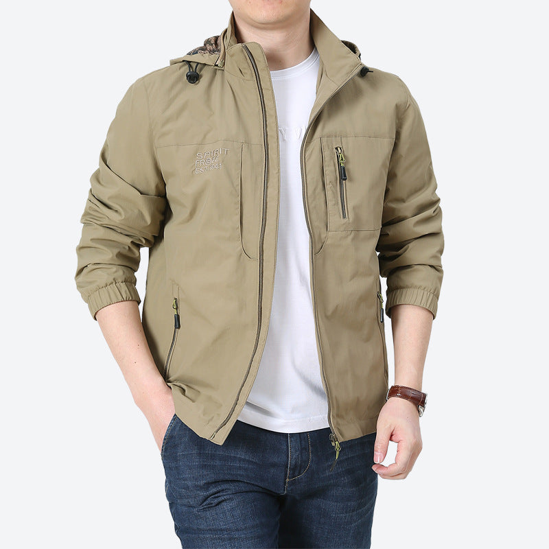 Herren Windabweisende Microfaser-Utilityjacke mit Kapuze und Mehrfach-Reißverschlusstaschen Drune